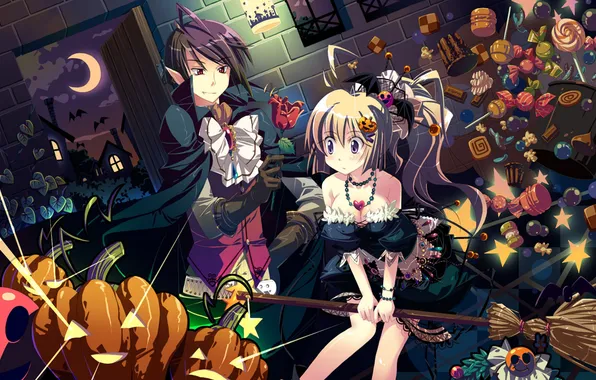 Picture night, the moon, elf, rose, sweets, Halloween, witch, broom