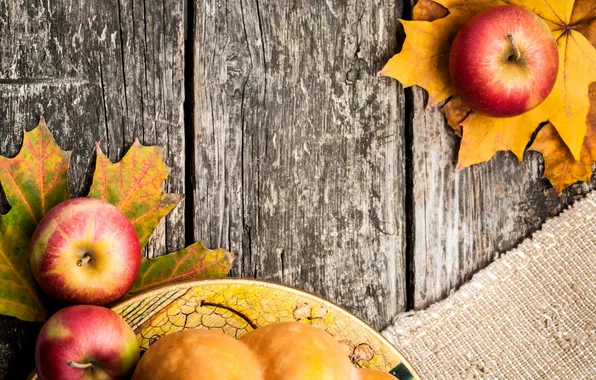 Picture leaves, table, apples