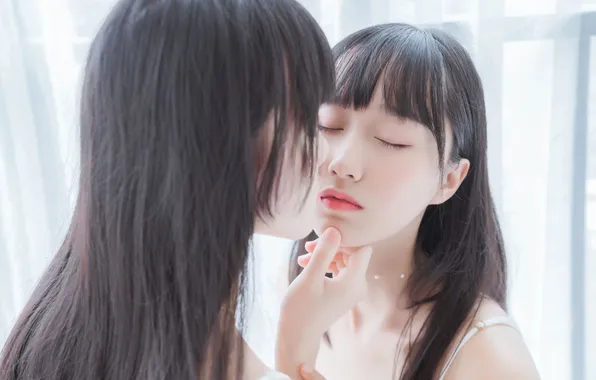 Beautiful, Asian, Glass, Women, Models, Kissing, Cute, Pretty