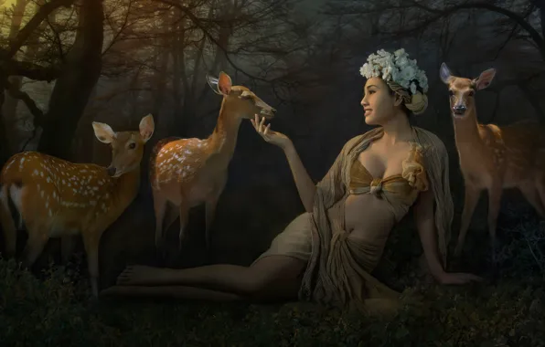 Picture forest, animals, swimsuit, girl, flowers, branches, nature, pose
