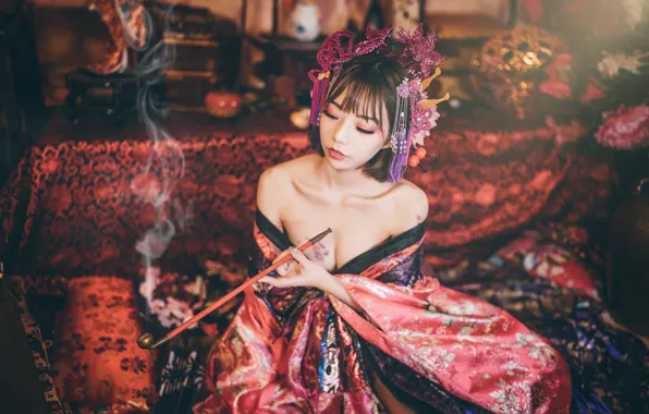 Chest, girl, decoration, style, sofa, smoke, interior, tube