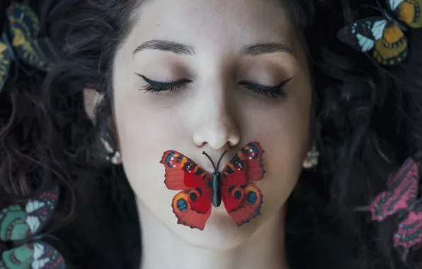 Girl, face, butterfly, hair, lies