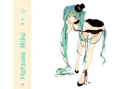 Picture white background, hat, vocaloid, black dress, Hatsune Miku, long hair, long legs, two tails