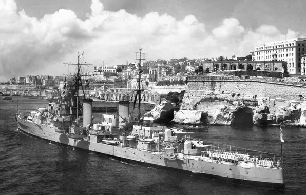 Cruiser, visit, New Zealand Navy, HMNZS Black Prince, Malta 1953