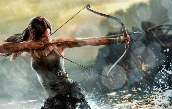 Picture girl, rain, Mike, bow, art, equipment, Lara Croft, Tomb raider