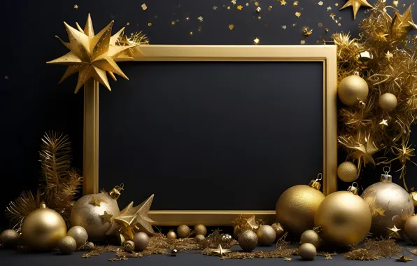 Stars, balls, the dark background, gold, Shine, frame, sequins, Christmas