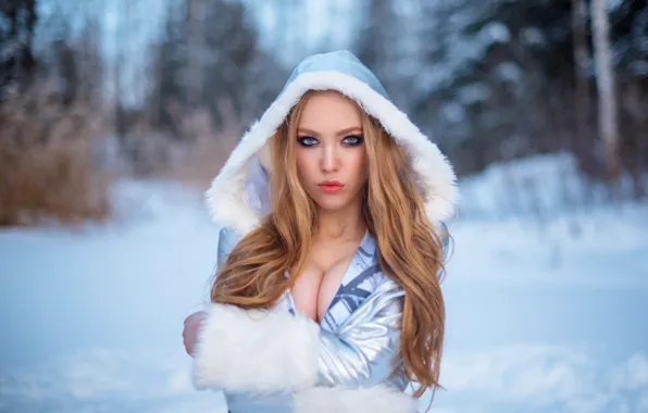 Winter, look, girl, face, pose, portrait, hood, long hair