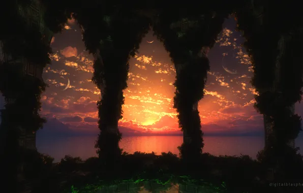Tropical, sun set, computer art