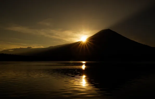 Picture the sun, lake, mountain, the volcano, Japan, Japan, Fuji