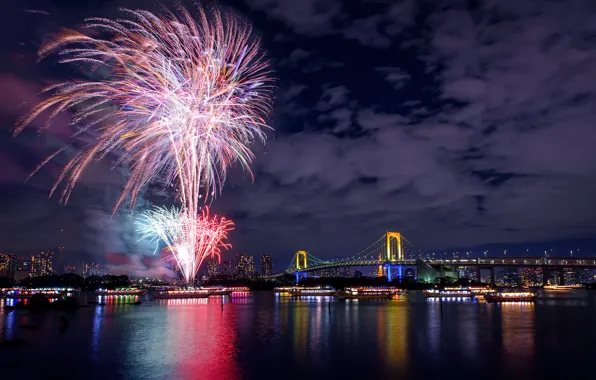 Night, bridge, lights, river, holiday, salute, Japan, Tokyo