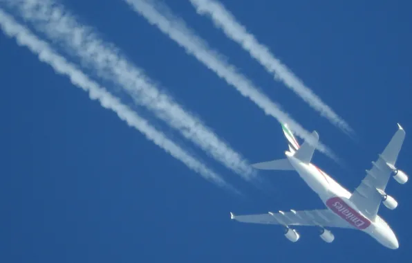 The sky, the plane, blue, A380, Airbus, Emirates Airline