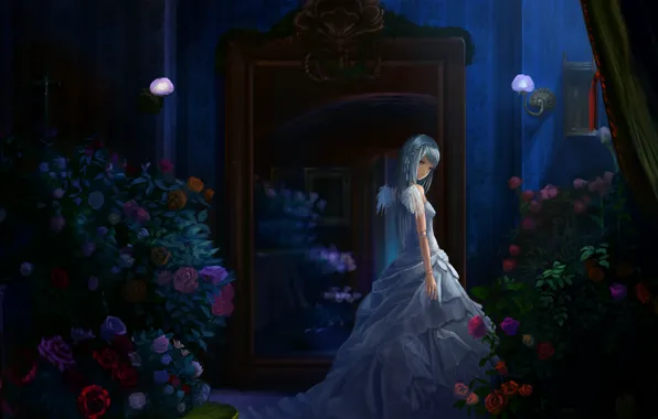 Picture girl, flowers, night, room, wings, candles, dress, art