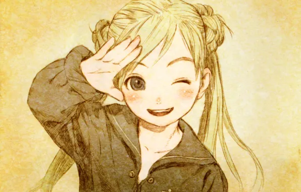 Smile, hairstyle, gesture, uniform, wink, two tails, Last Exile, Exile