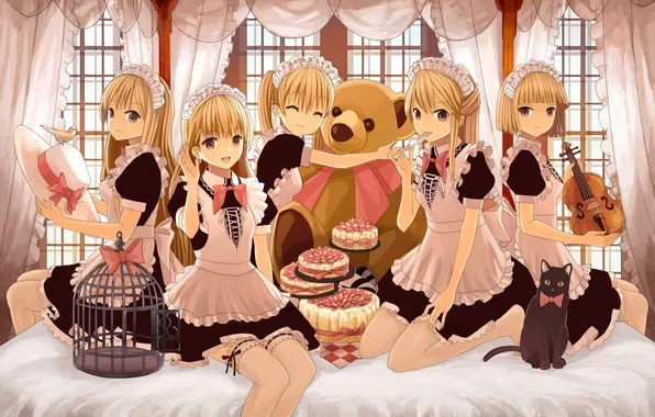 Picture cat, girls, anime, strawberry, bear, bird