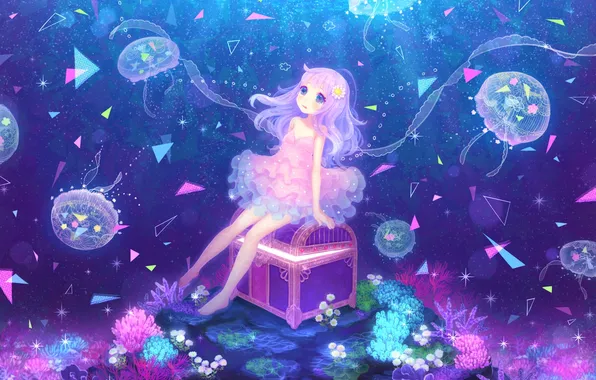 Flower, the ocean, anime, corals, tears, art, jellyfish, girl