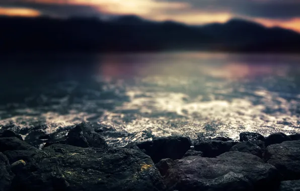 Water, macro, sunset, stones