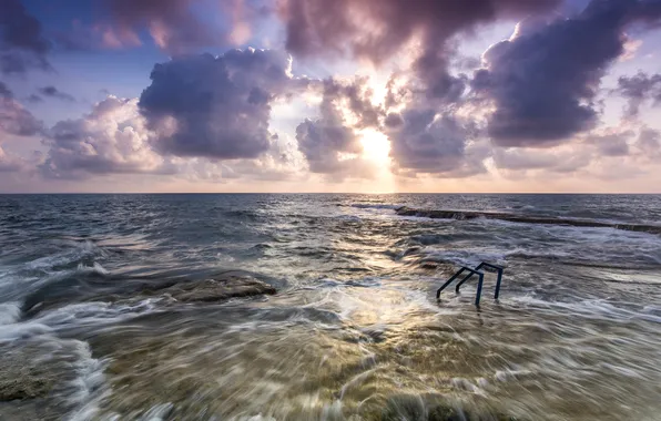 Sea, the sky, clouds, dawn, coast, horizon, surf, Valencia