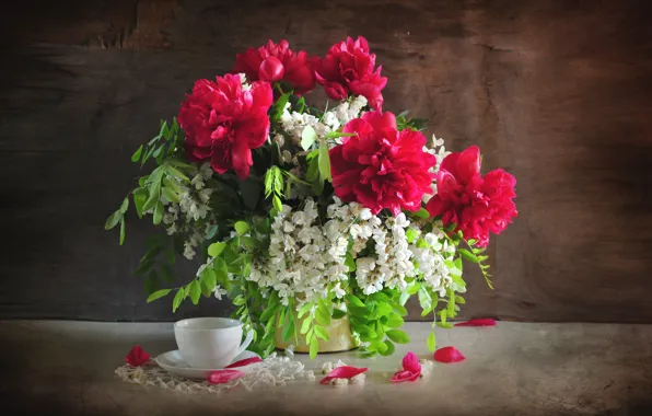 Bouquet, Cup, peonies, acacia
