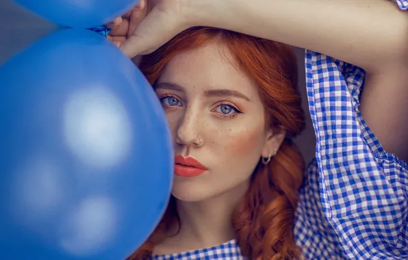 Picture look, girl, balls, face, balloons, mood, hand, portrait