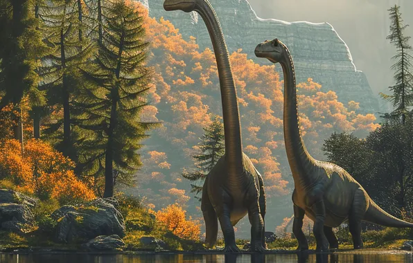 Water, Mountains, Trees, River, Two, Animals, Digital art, Dinosaurs