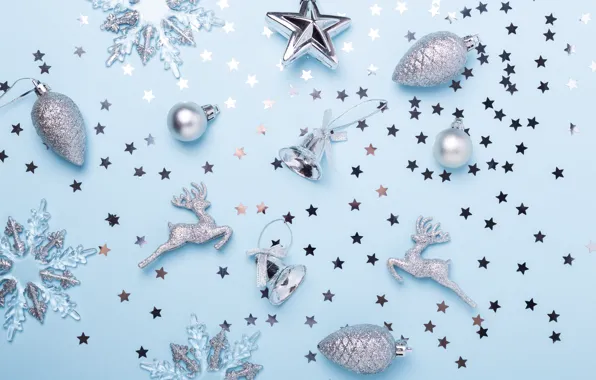 Background, blue, toys, new year, Silver, Deer, Snowflake, Shine