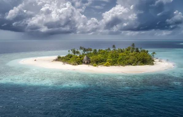 Sand, summer, clouds, palm trees, island, The Maldives, The Indian ocean, Andrew Chabrov