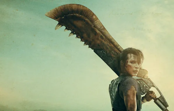 Picture girl, background, sword, Milla Jovovich, Monster Hunter