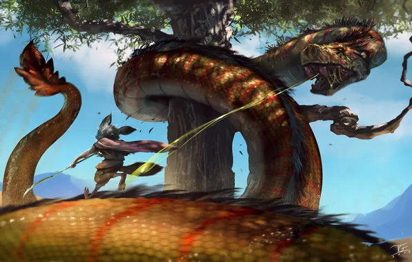Tree, snakes, fight, animal, The Battle
