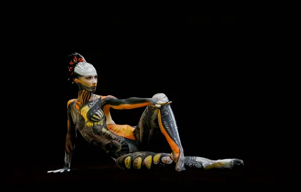 Model, figure, body, black background, art, body art, sitting on the floor, Zeeb Walte