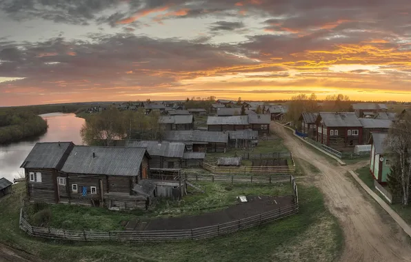 Summer, river, the evening, village, Arkhangelsk oblast, Kimzha