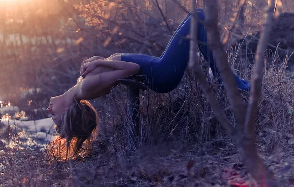 BLONDE, FOREST, NATURE, GRASS, TIGHTS, DAWN