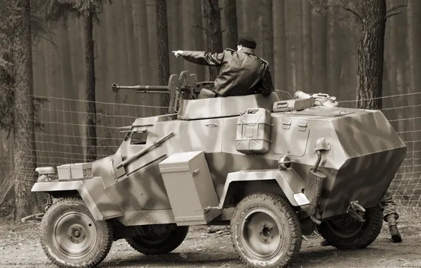 Picture forest, trees, photo, black and white, soldiers, machine gun, armored car