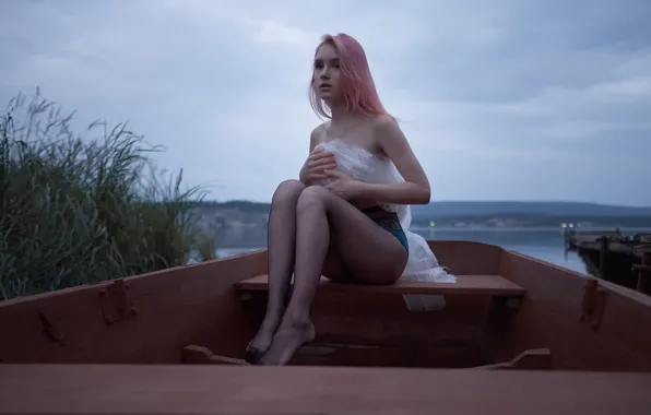 Girl, tights, legs, in the boat, Alexey Sinyavsky