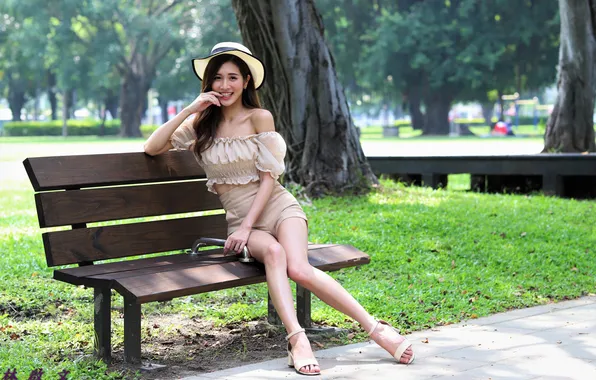 Girl, smile, shorts, hat, blouse, legs, Asian, sitting