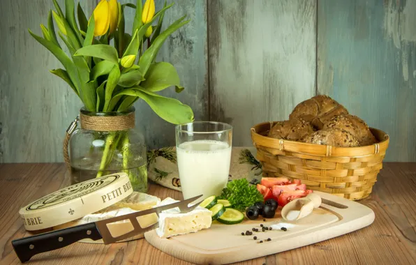 Picture flowers, food, cheese, milk, bread, tulips, vase, vegetables