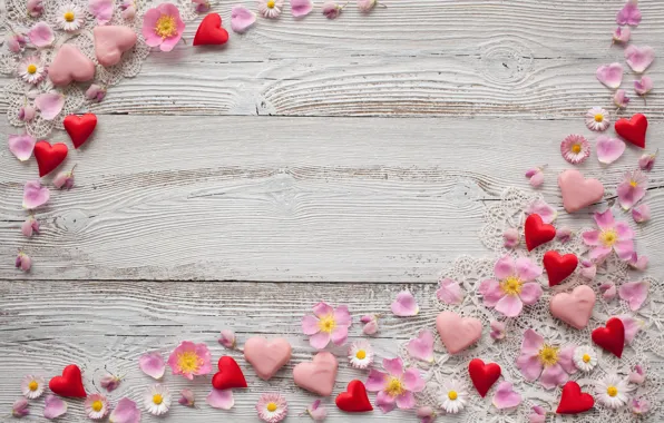 Flowers, background, chamomile, petals, hearts, pink, decor, marzipan