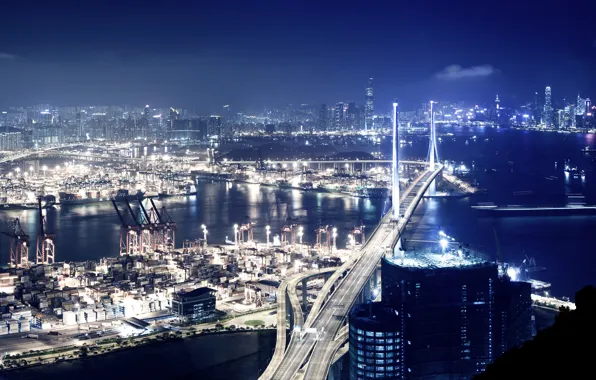Night, bridge, the city, lights, building, Hong Kong