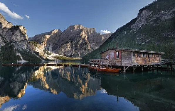 Forest, mountains, lake, reflection, blue, shore, boats, pier
