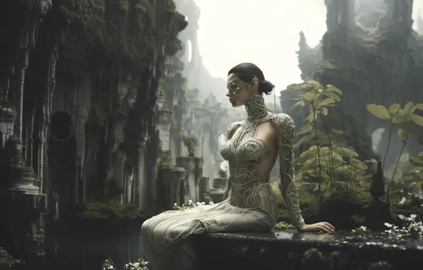 Chest, girl, nature, pose, fog, stones, rocks, plants