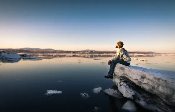 River, sunset, man, serenity, peaceful