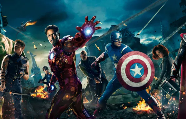 Picture night, the city, fire, helicopter, Scarlett Johansson, shield, iron man, Hulk