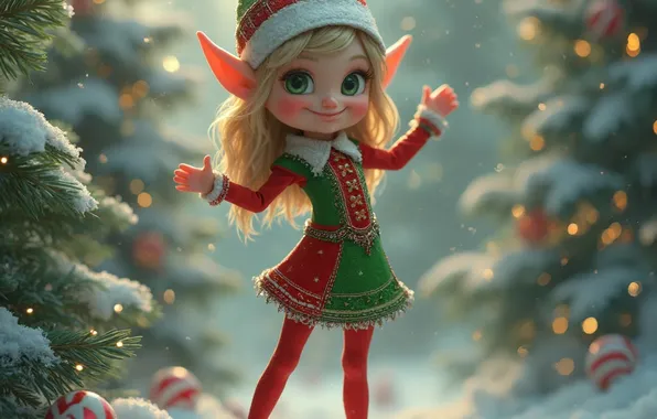 Christmas, girl, New year, elf, doll, Christmas tree, AI art, neural network