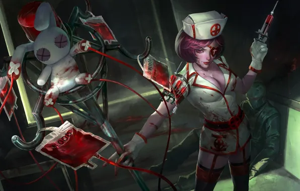 Picture chest, blood, rabbit, costume, nurse, syringe, art, Heroes of Newerth