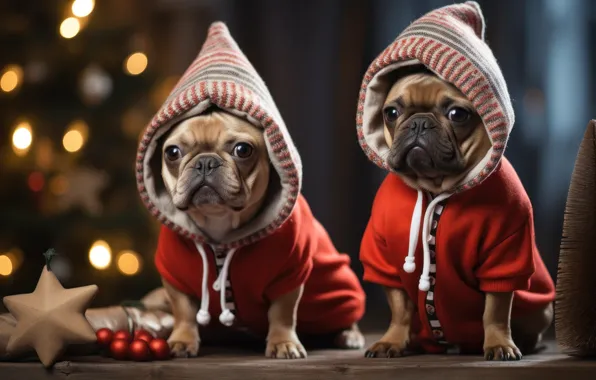 Dogs, look, lights, dog, Christmas, gifts, New year, a couple