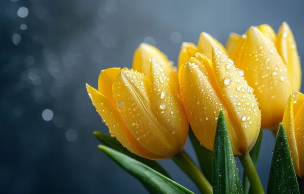 Drops, flowers, holiday, bouquet, spring, yellow, tulips, grey background