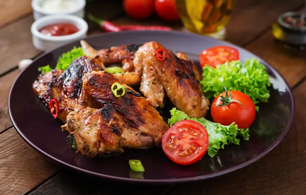 Yummy, wings, tomatoes, salad, grill