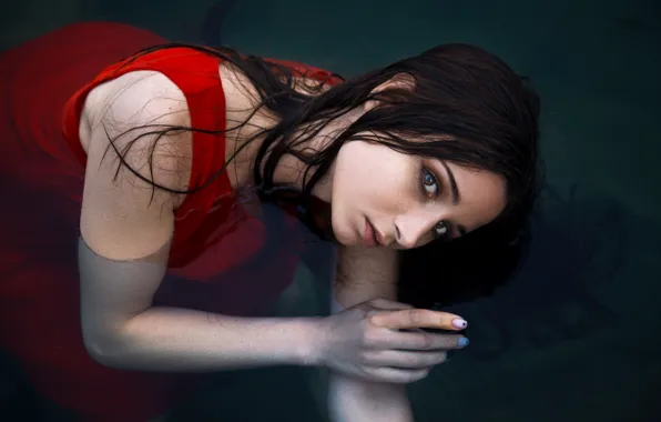 Picture look, water, girl, face, mood, hand, the situation, red dress