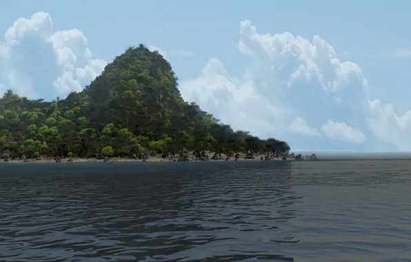 Picture sea, clouds, trees, stones, hills, island, art