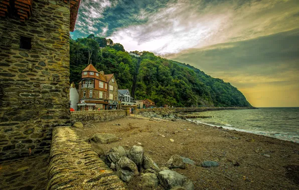Picture sea, stones, coast, England, mountain, home, lift, Lynmouth