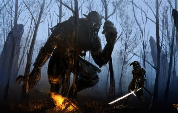 Picture forest, people, sword, armor, warrior, giant, art